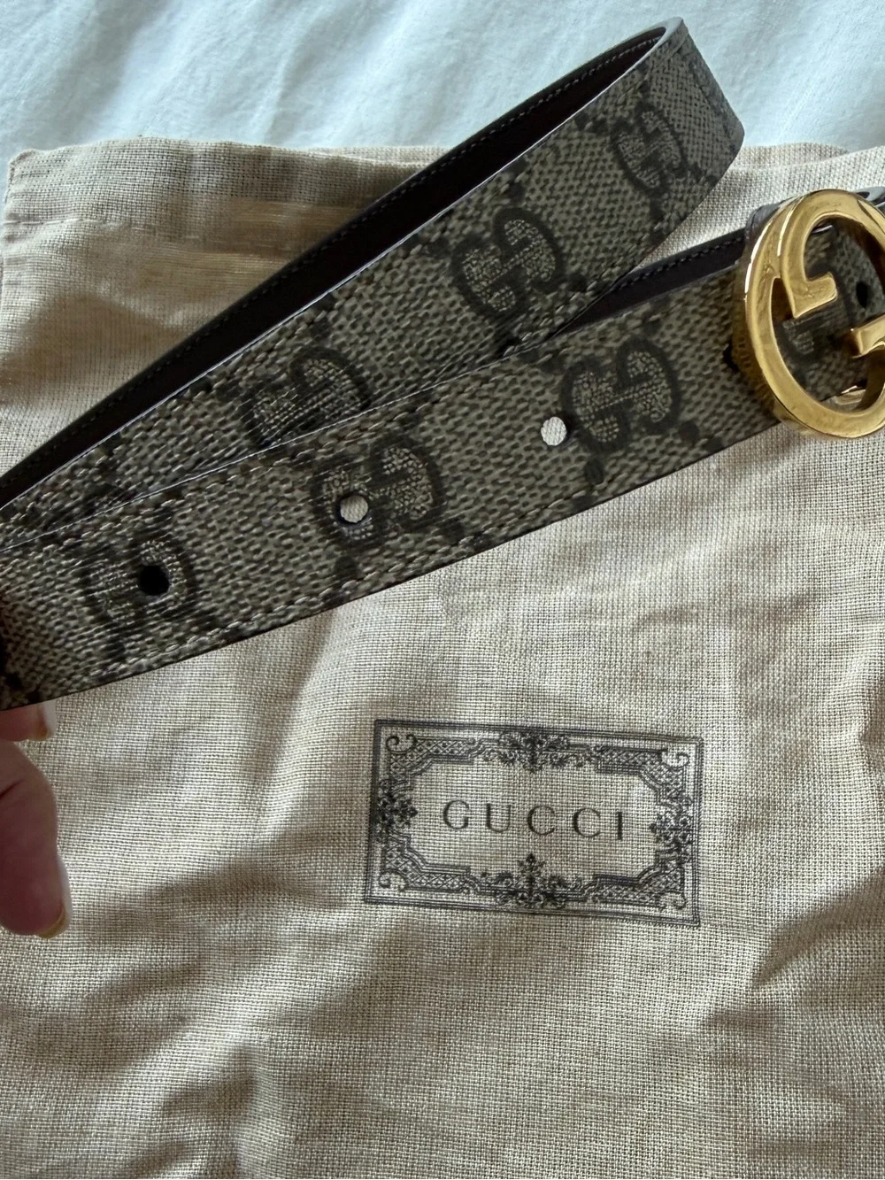 Gucci GG Supreme Belt with Gold Interlocking G Buckle in Beige and Brown